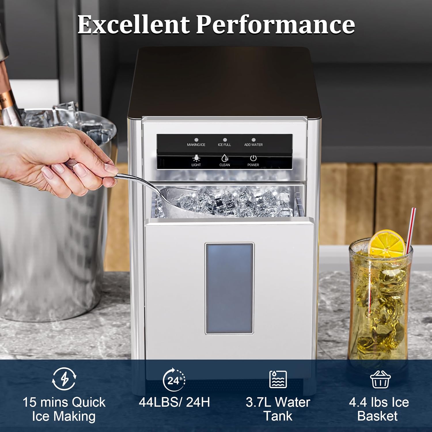 Nugget Ice Maker Countertop, 44 lbs/Day Chewable Ice Maker, One-Click Operation, Two Ways add Water, Self-Cleaning Sonic Ice Maker for Home, Office, Kitchen, RV, Basement Bars