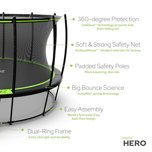JumpFlex Trampoline Hero 12FT 14FT 15FT Round Outdoor Backyard Trampoline ASTM Approved with Net Safety Enclosure & Ladder Playset with Fast Assembly
