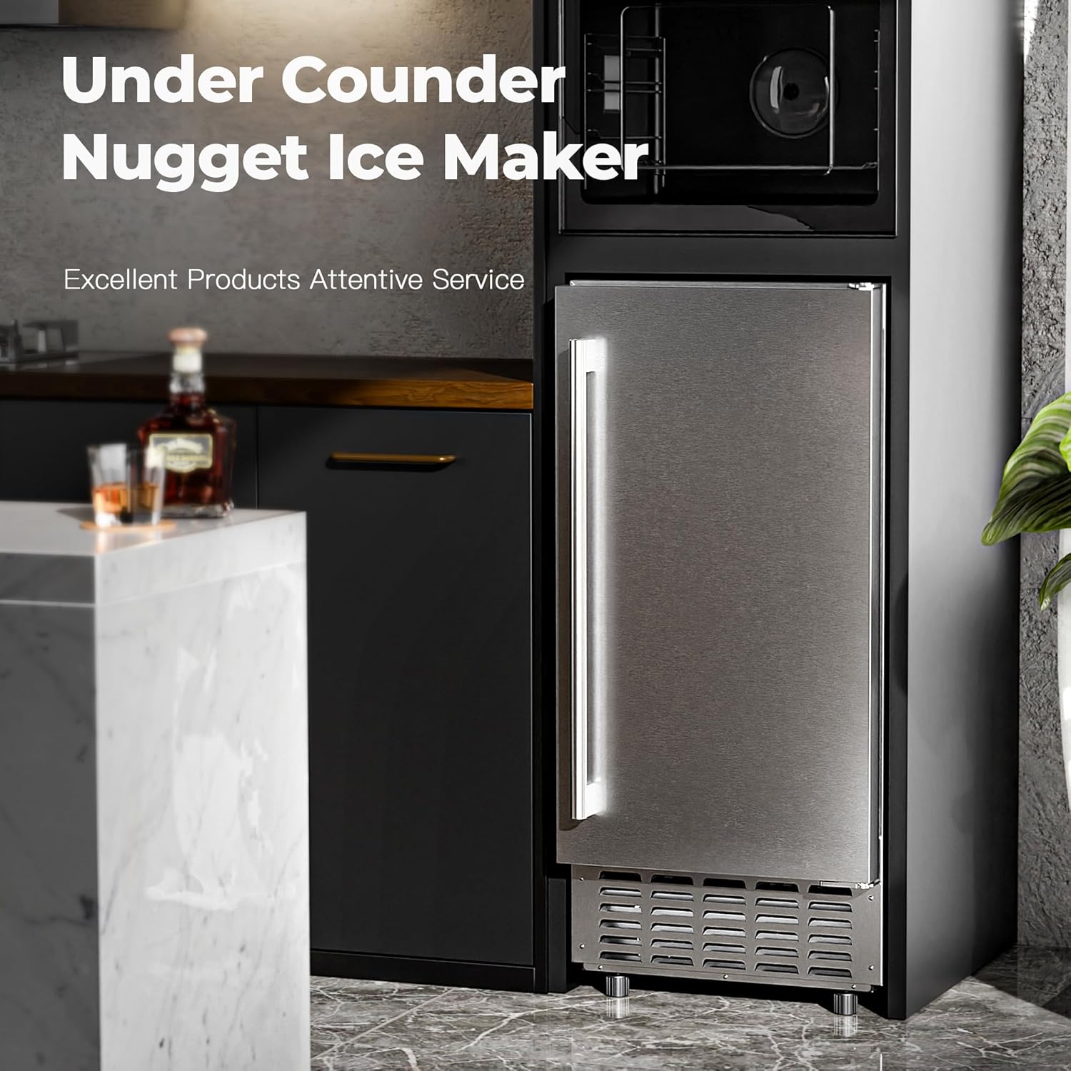 AGLUCKY Under Counter Nugget Ice Maker Machine with Drain Pump, Built-in Ice Machine with Pebble Ice, 70Lbs/Day, 24H Timer & Self-Cleaning, Double ice Baskets, UnderCounter Ice Machine for Home Use