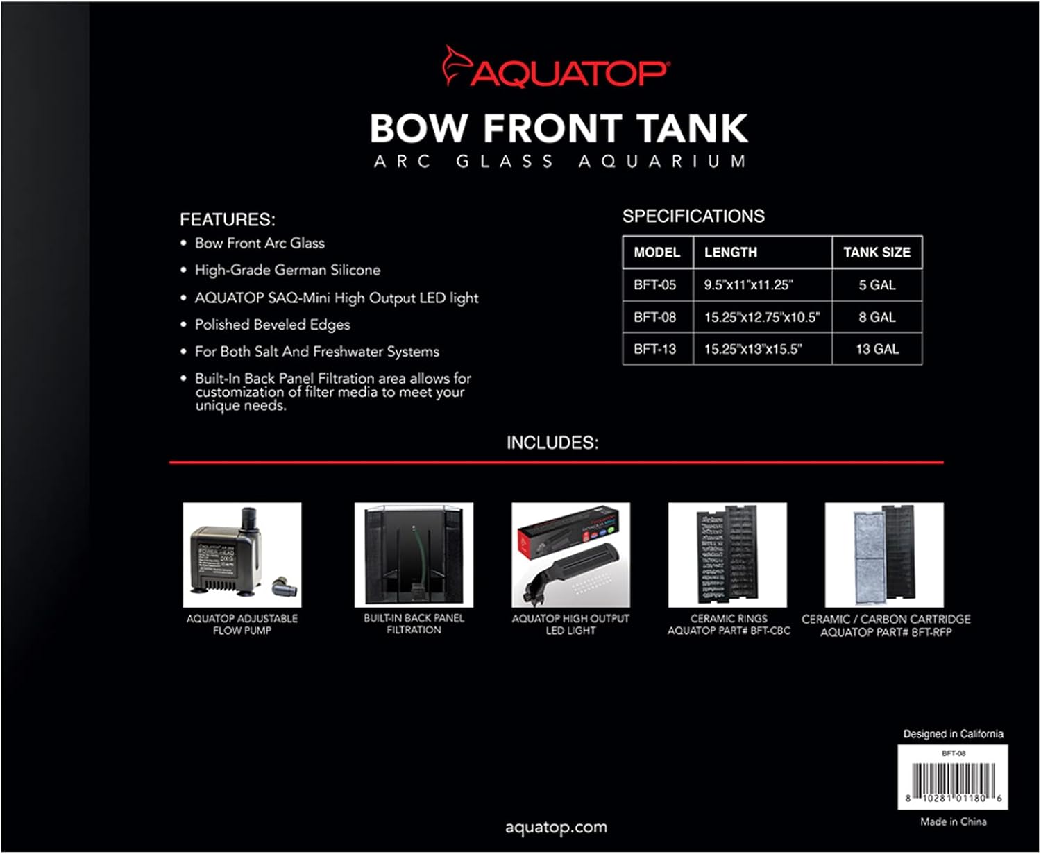 Aquatop Veritcal Bowfront 8 Gallon Glass Aquarium w/Filtration Cartridges & Mini Fish Tank Heater