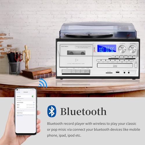 9 in 1 Record Player with External Speakers,3 Speed Bluetooth Turntable Vinyl Player with CD/Cassette Play,AM/FM Radio, USB SD/MMC Play, Aux-in/RCA Line Out