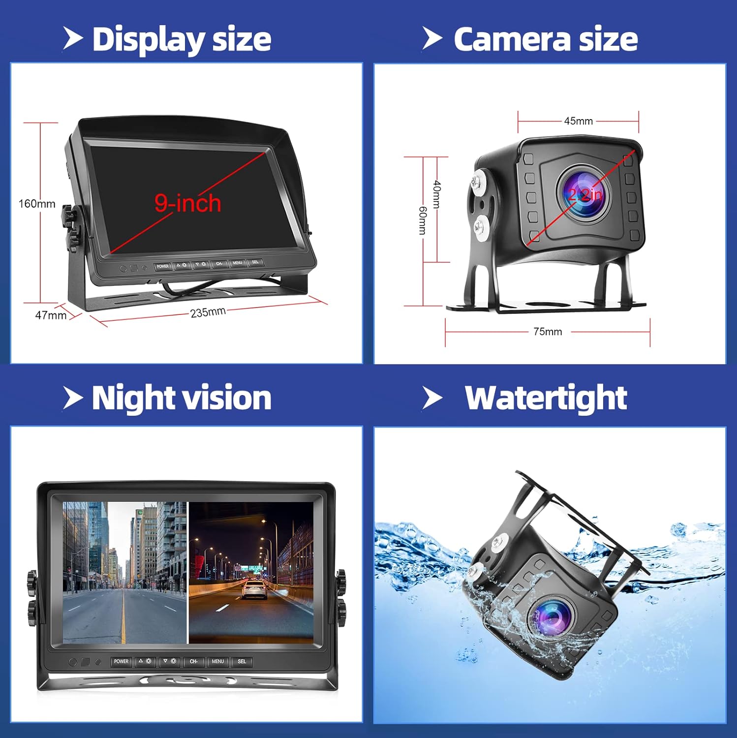 Backup Camera with Monitor Kit 9 Inch HD 1080P Split Screen DVR Monitor Wired Rear View Camera for Cars,Trucks,Pickup,SUVs,Vans Waterproof Super Night Vision Grid Lines 12V-35V