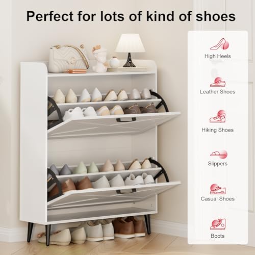 Shoe Storage Cabinet for Entryway with 2 Flip Doors, Hidden Shoe Storage Organizer with Metal Legs for Entryway, Closed Slim Shoe Rack Cabinet, White