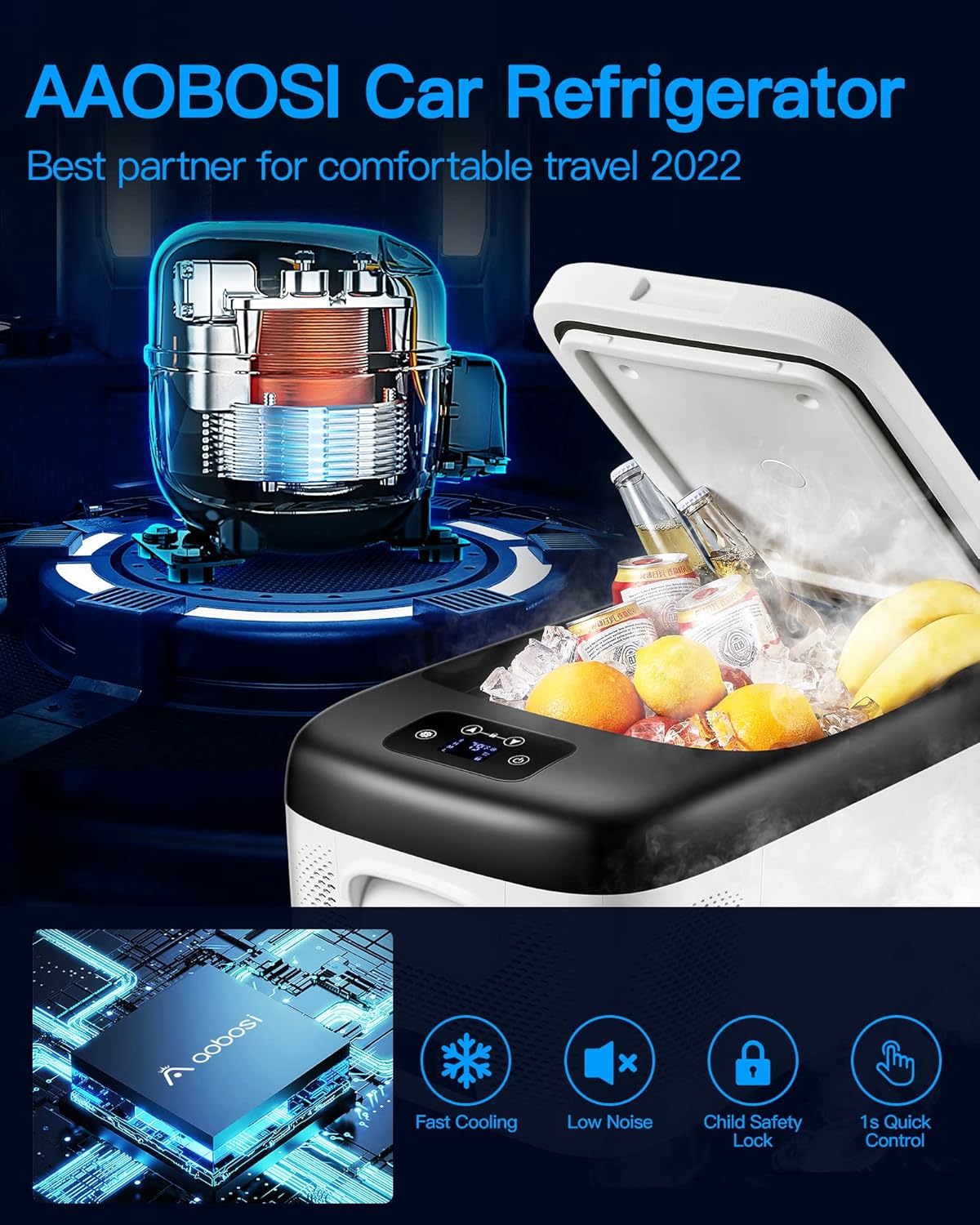 AAOBOSI 12 Volt Car Refrigerator Freezer 20 Quart (18L) RV Portable Refrigerator Freezer APP Control Car Fridge -4℉-68℉ Electric Compressor Cooler 12/24V DC & 100-240V AC for Car, Camping,Truck,RV and Home Use