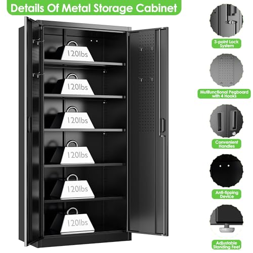 Aobabo Garage Storage Cabinet with Wheels,72" H Metal Storage Cabinet with 2 Doors and 4 Adjustable Shelves for Garage Home, Black,Required-Assembly
