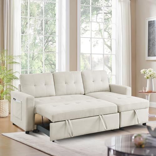 Reversible Sleeper Sectional Sofa, Chenille Fabric Convertible Pull Out Sleeper Sofa Bed with USB Ports, L-shaped Sectional Couch with Storage Chaise for Apartment Living Room, Light Gray