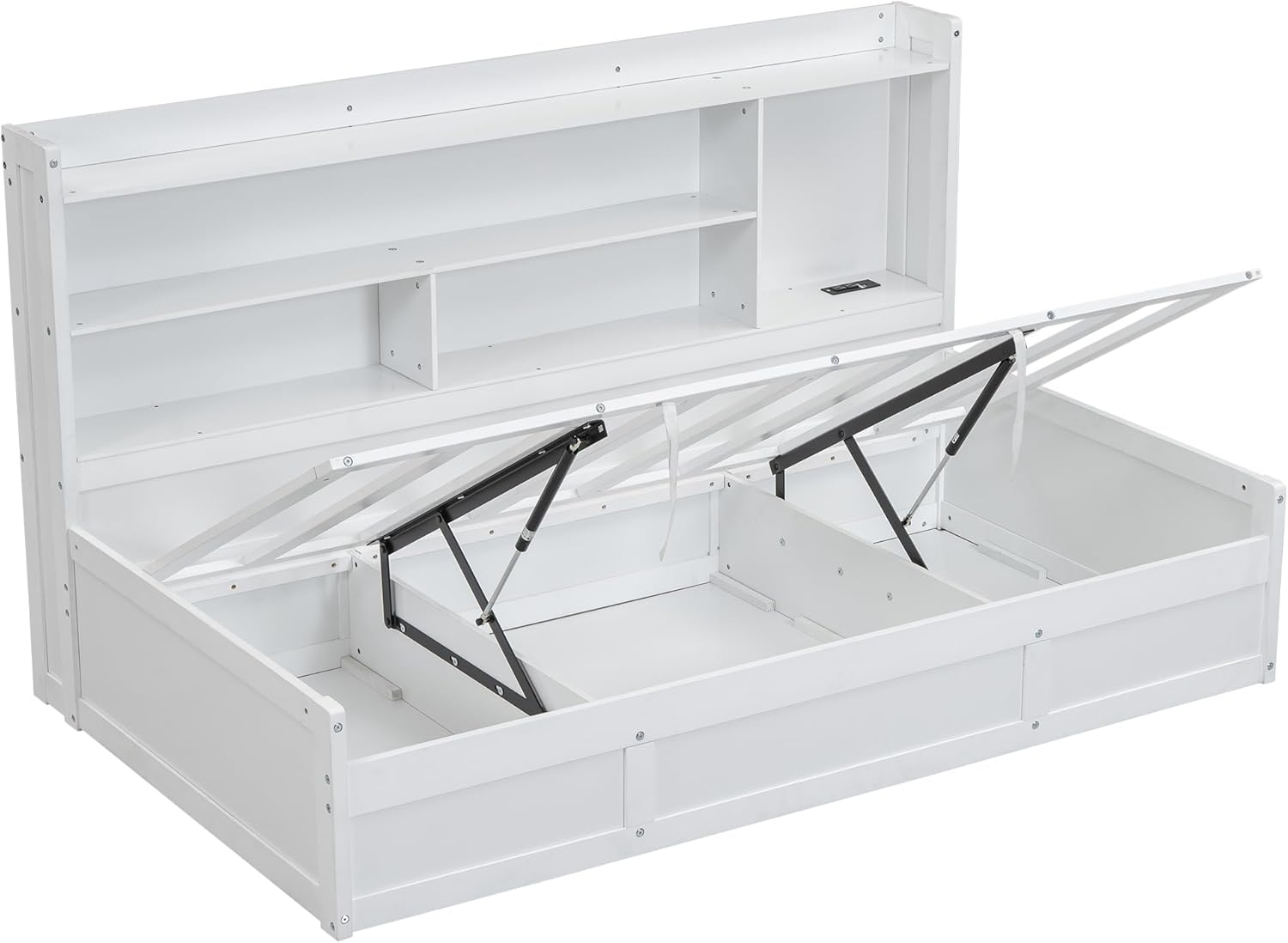 Twin Size Daybed with Storage Bookcases, Underneath Storage and USB Charging Station, Multi-Functional Hydraulic Storage Day Bed Sofa Bed for Living Room, Bedroom, Guestroom, White
