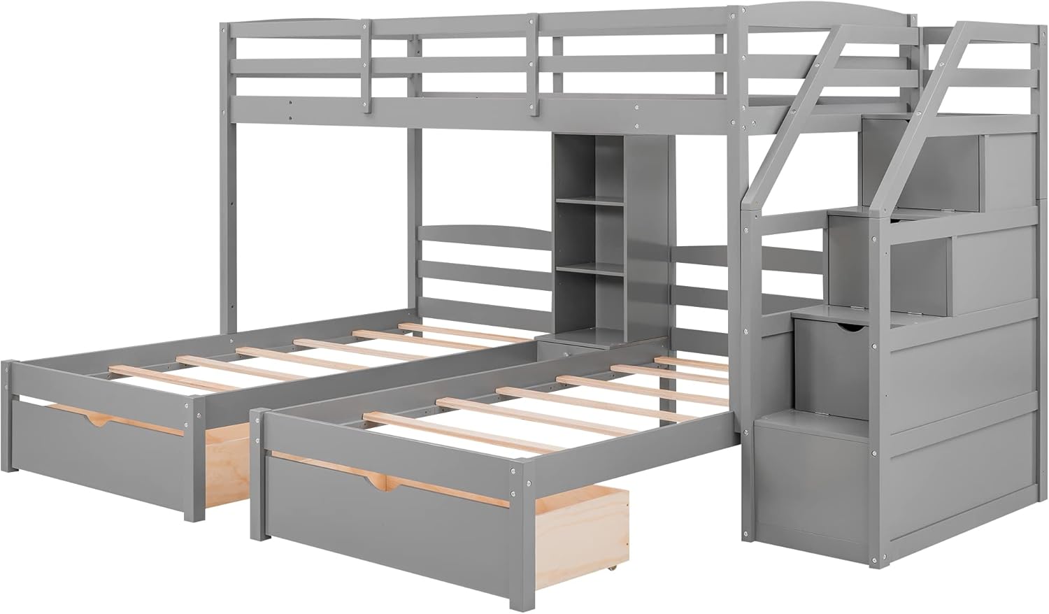 Twin over Twin&Twin Bunk Bed, Triple Bunk Bed with Drawers, Staircase with Storage, Built-in Shelves, Gray