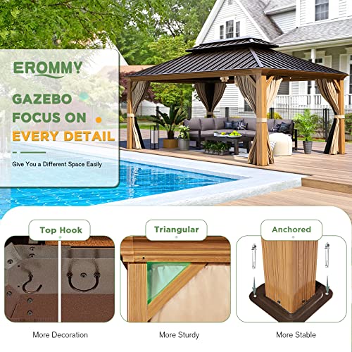 EROMMY 14'x20' Hardtop Gazebo Double Roof Galvanized Steel Canopy Outdoor Aluminum Frame Permanent Metal Pavilion with Netting and Curtains for Patio Backyard Deck and Lawns