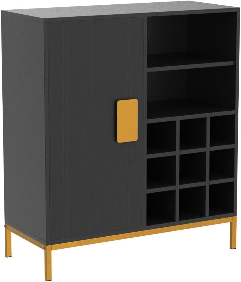 KB Designs – Black/Gold Wood Buffet Bar Liquor Cabinet with Wine Rack Storage and Glass Holder