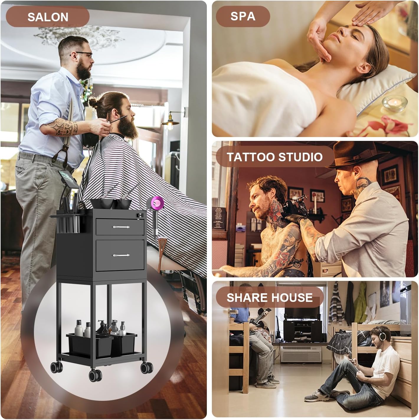 Salon Cart Lockable Metal Storage Cart Salon Trolley with Wheels Sturdy Rolling Cart, High End Trolley with 2 Magnetic Bowls for Salon, Tattoo, and Barber