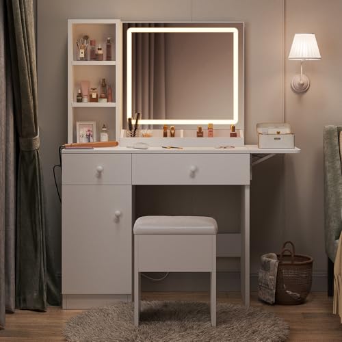 Haewon Makeup Vanity Desk with Mirror and Lights, White Vanity Table with Power Outlet and 3 Lighting Modes, Dressing Table Set with Cabinet Drawers Shelves and Storage Stool for Bedroom