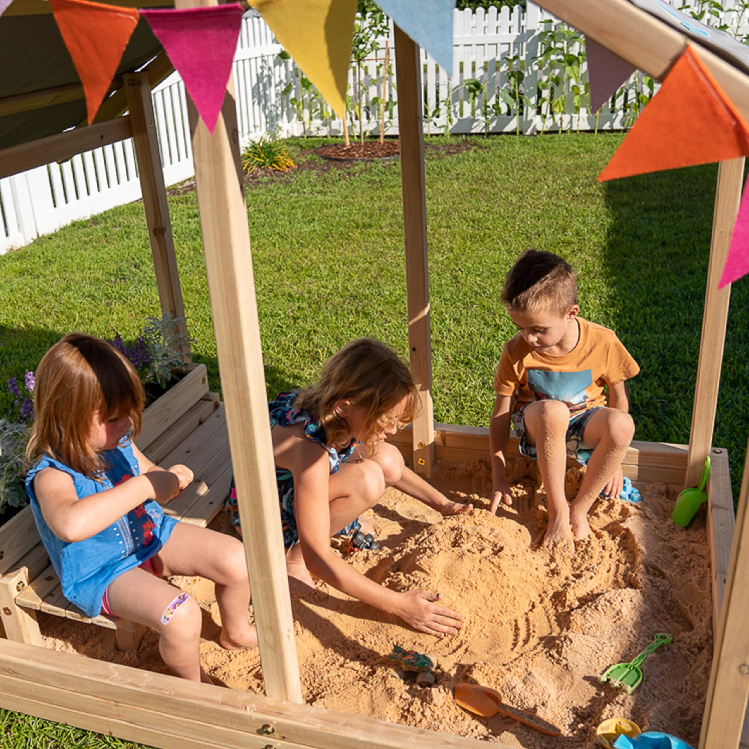 Kids Sandbox Outdoor Playset -Funphix Dig n Play Sandbox with Canopy, Bench, & Flower Planter - Promote Learning & Fun Play with Durable & Easy to Assemble Playsets for Backyard Sand Toys