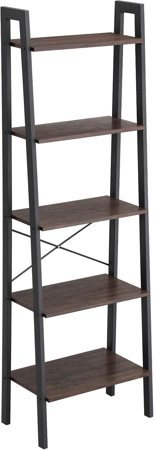 VASAGLE Industrial Ladder Shelf, 5-Tier Bookcase, Storage Unit, with Metal Frame, for Living Room, Kitchen, Rustic Dark Brown ULLS45BF