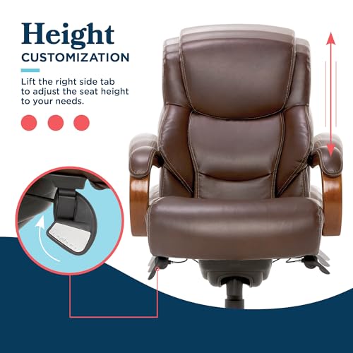 La-Z-Boy Delano Big & Tall Executive Office Chair, Ergonomic Mid-Back Body Pillow Lumbar Support, ComfortCore Memory Foam Cushion, Mahogany Wood Arms & Swivel Base, Bonded Leather, Chestnut Brown