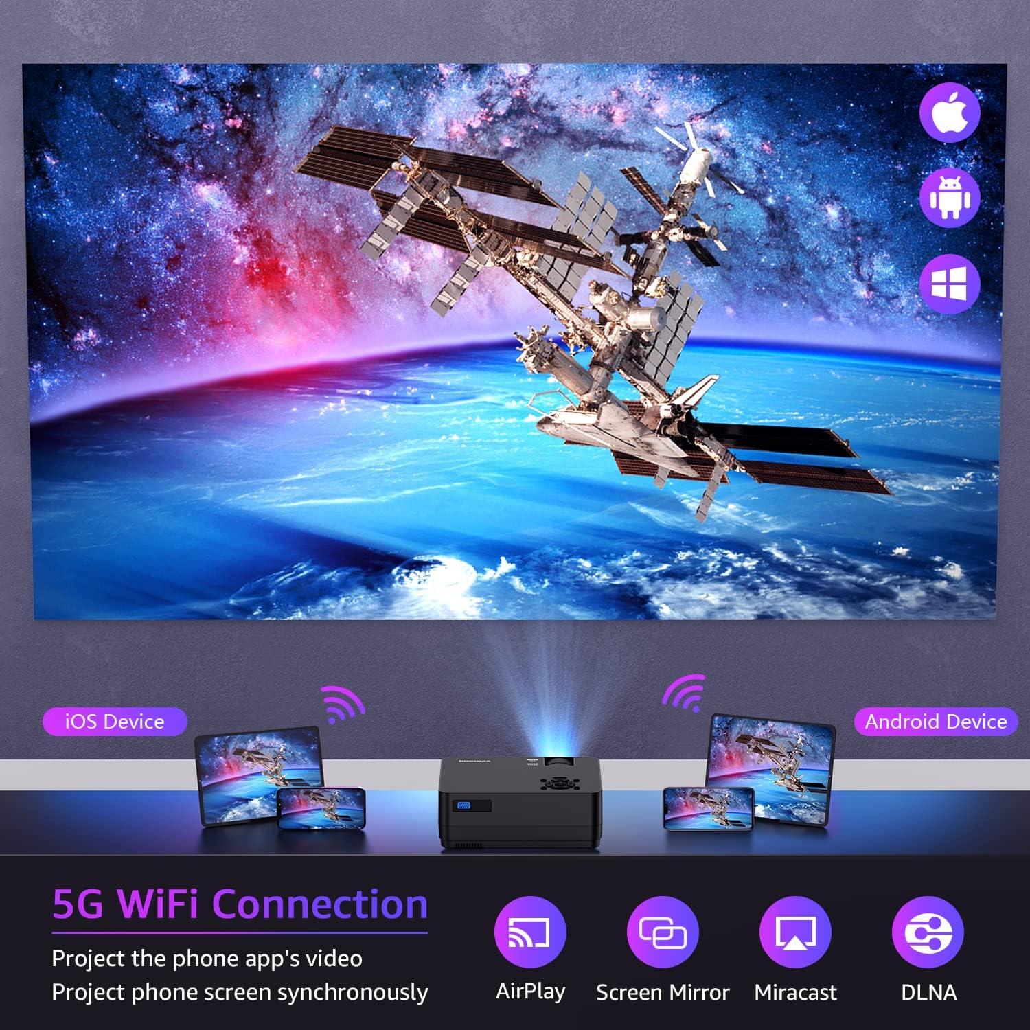 Projector with 5G WiFi and Bluetooth, Native 1080P Projector[Projector Screen Included], Full HD 18000LM Movie Projector, 300" Display Support 4k Home Theater, Compatible with Phone/Laptop/TV Stick
