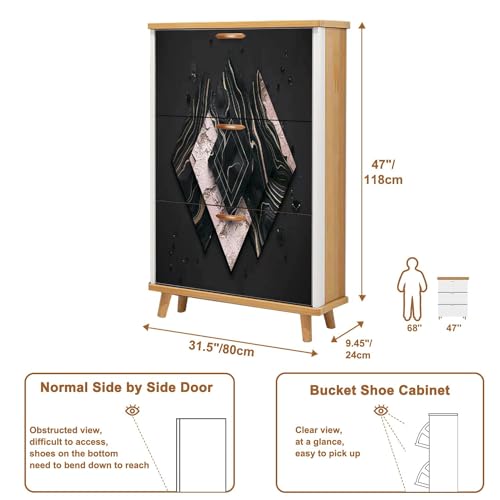 Shoe Cabinet with 3 Flip Drawers Pastel colors Luxury art Eastern style Golden swirl artistic Wooden Shoe Storage Cabinet Boho Freestanding Hidden Shoe Rack Slim Shoe Organizer for Entryway