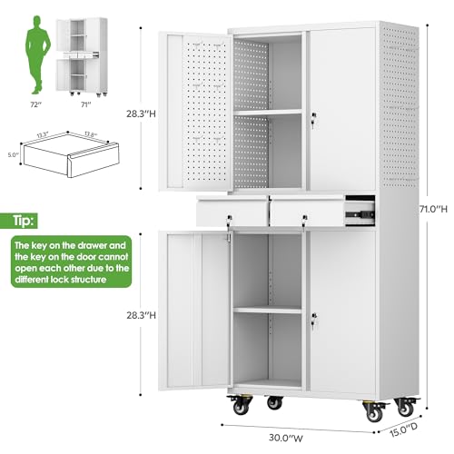 73" H Metal Storage Cabinet with Wheels, Garage Storage Cabinet with 4 Adjustable Shelves and Lockable Doors for Garage Home Office Utility Room,Required Assembly,Black
