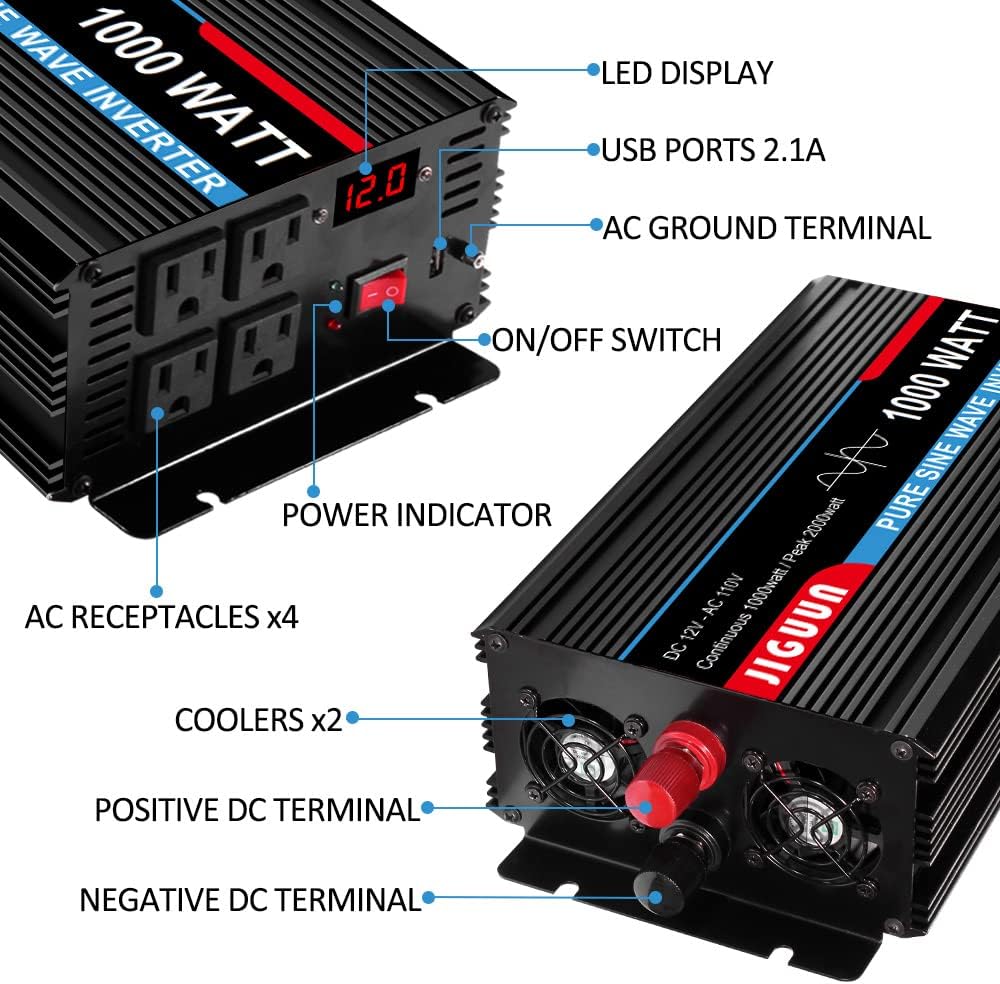 JIGUUN 3000 Watt/6000 Watt Pure Sine Wave Inverter, Power Converter 12V DC to 110v/120v AC, Car Inverter with 4 AC Outlets&USB Port 170ft Wireless Remote Control for RV Camping Truck(3000W-12V)