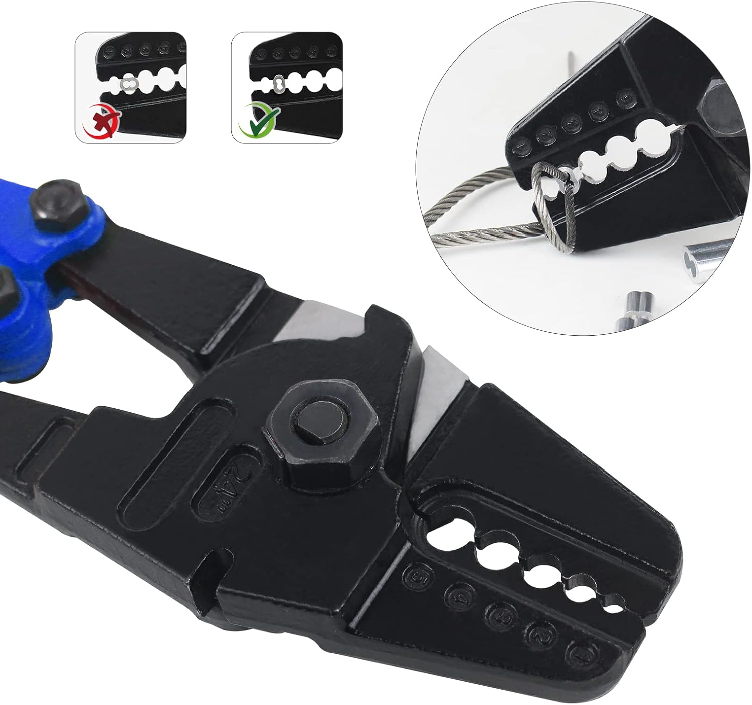 TOUGHER 24 Inch Hand Crimping Cutting Tool, Wire Rope Crimping Tool, Hand Swager Crimper Cutter for 1/16" 3/32" 1/8" 5/32" 3/16" Wires,with 50pc Aluminum Stop Sleeves Oval Sleeves Pack of 2
