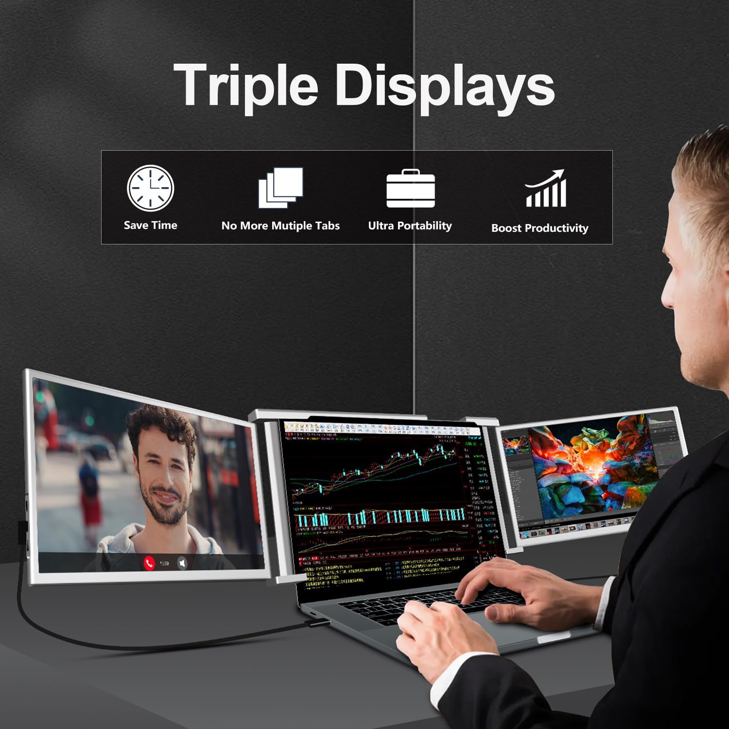 14" Triple Laptop Screen Extender, Plug and Play, FHD 1080P IPS Laptop Monitor Extender, Triple Portable Monitor, HDMI/USB-C Portable Monitor for 13.5" -16.5" Laptop - S1 Gray