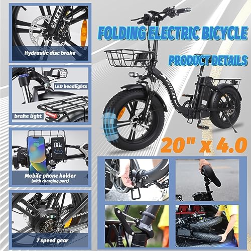 Electric Bike for Adults 1000W Folding Electric Bike Ebike with Removable Battery Fat Tire Electric Bicycle Long Range E Bike with Color Display Hydraulic Brake 7 Speed Gears