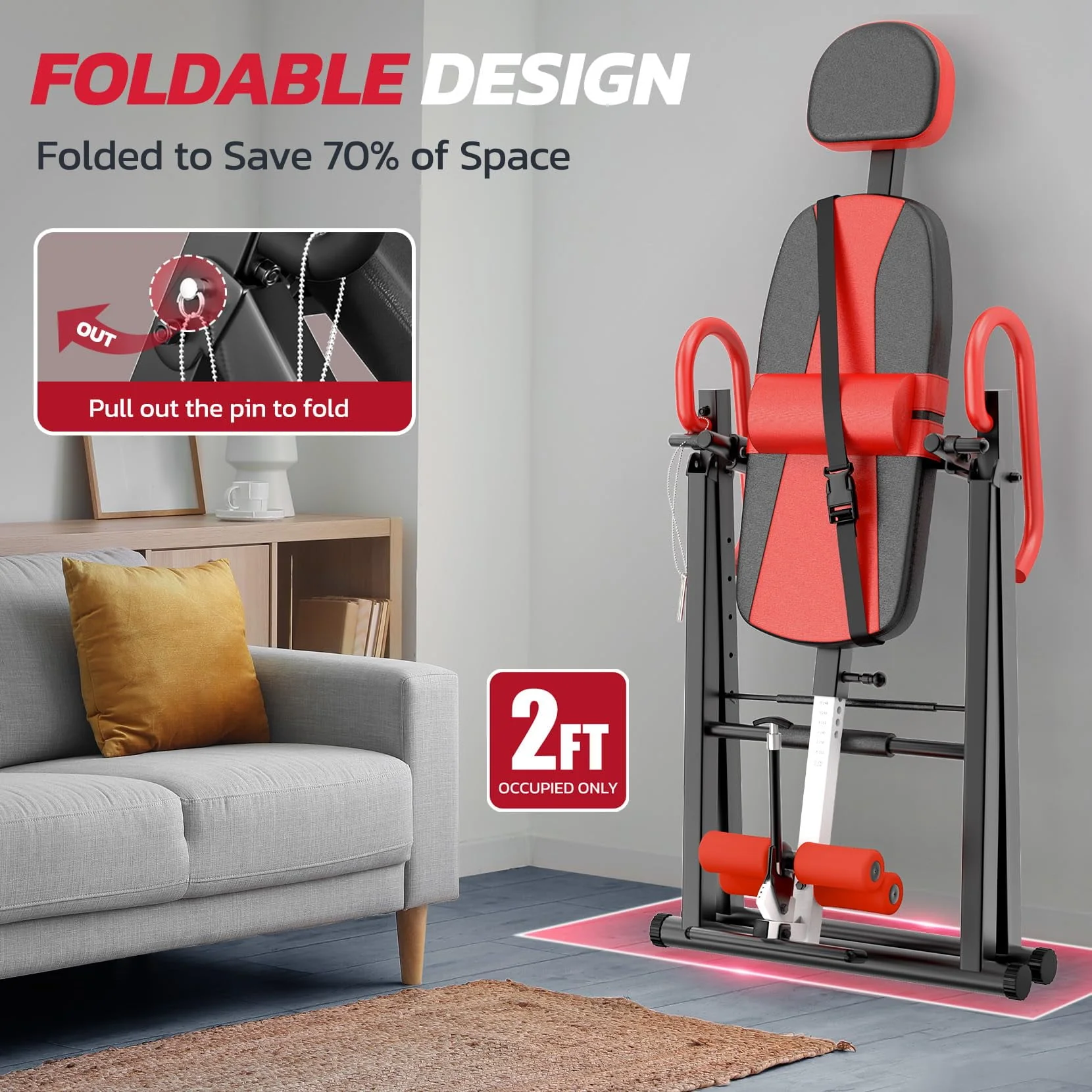 Heavy Duty Inversion Table,300 Lbs Capacity with Adjustable Protective Belt,0°-85°Foldable Save 70% Space Inversion Table for Back Pain Relief,Red