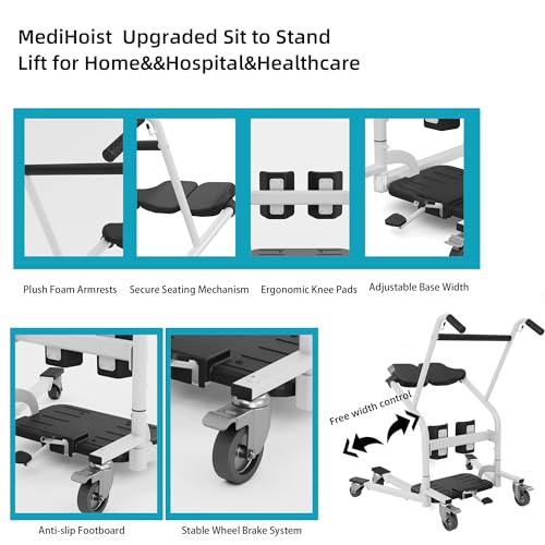 Deluxe Sit to Stand Lift w/Base Width Adjustment-Ergonomic Stand Assist Patient Lift for Safe Transfers,500lbs Capacity Patient Stand-aid & Patient Transport Unit for Elderly & Disabled