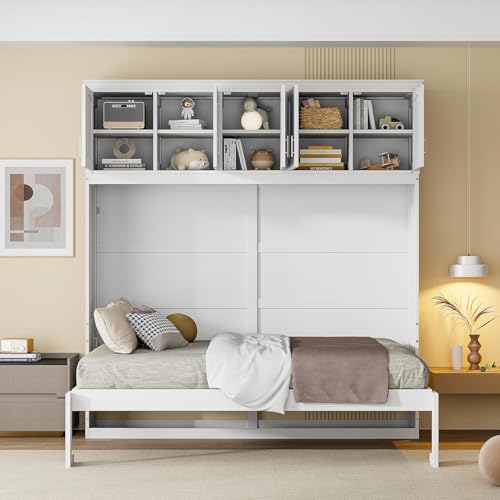 MERITLINE Queen Horizontal Murphy Bed Cabinet with Storage Bookcase Shelves and Charging Station,Wood Folding Grey Murphy Wall Bed for Adult