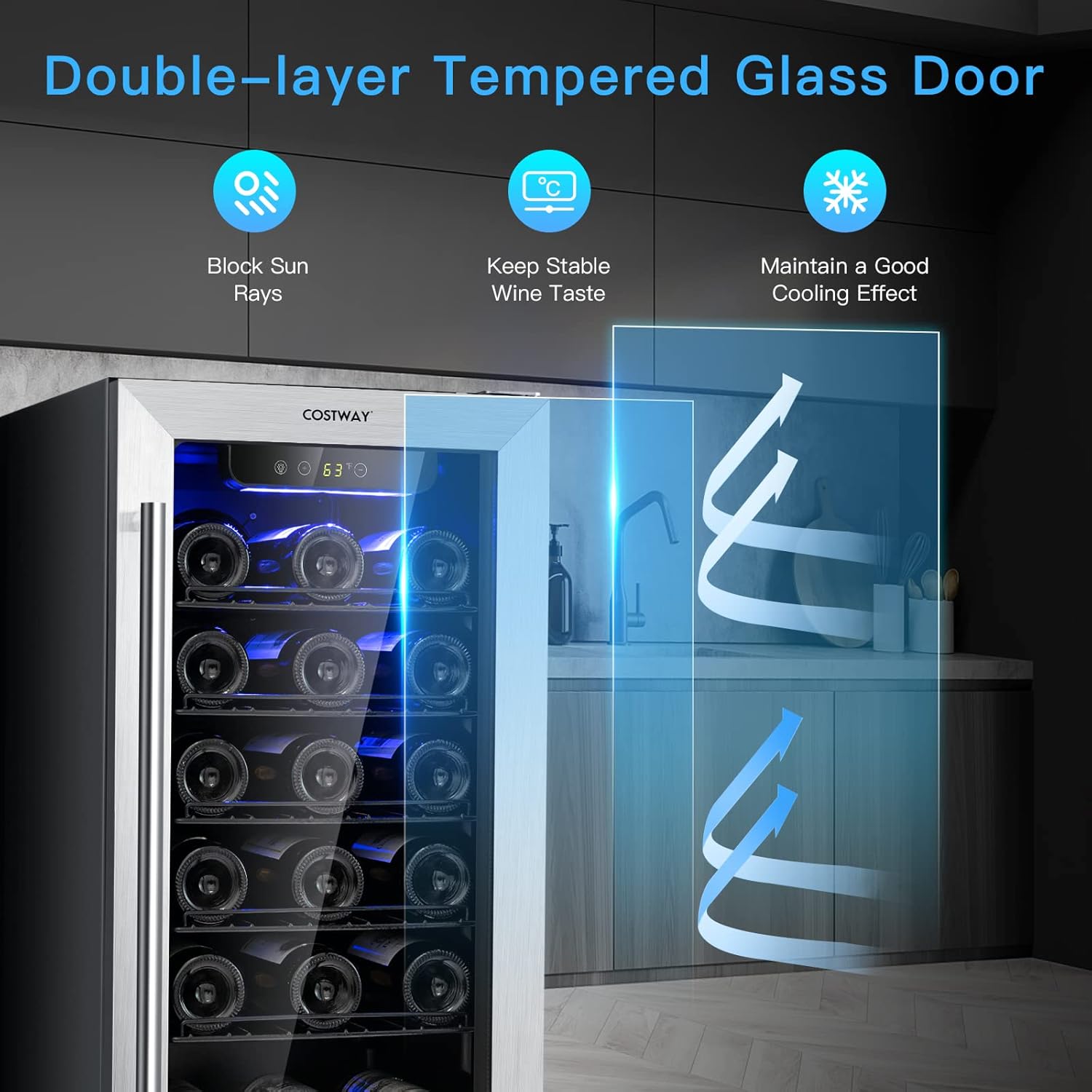 COSTWAY 15 Inch Wine Cooler Refrigerator, 30 Bottles Stainless Steel Wine Cellar with Lock, Tempered Glass Door, Built-in & Freestanding Compressor Mini Wine Fridge for Home Bar Office