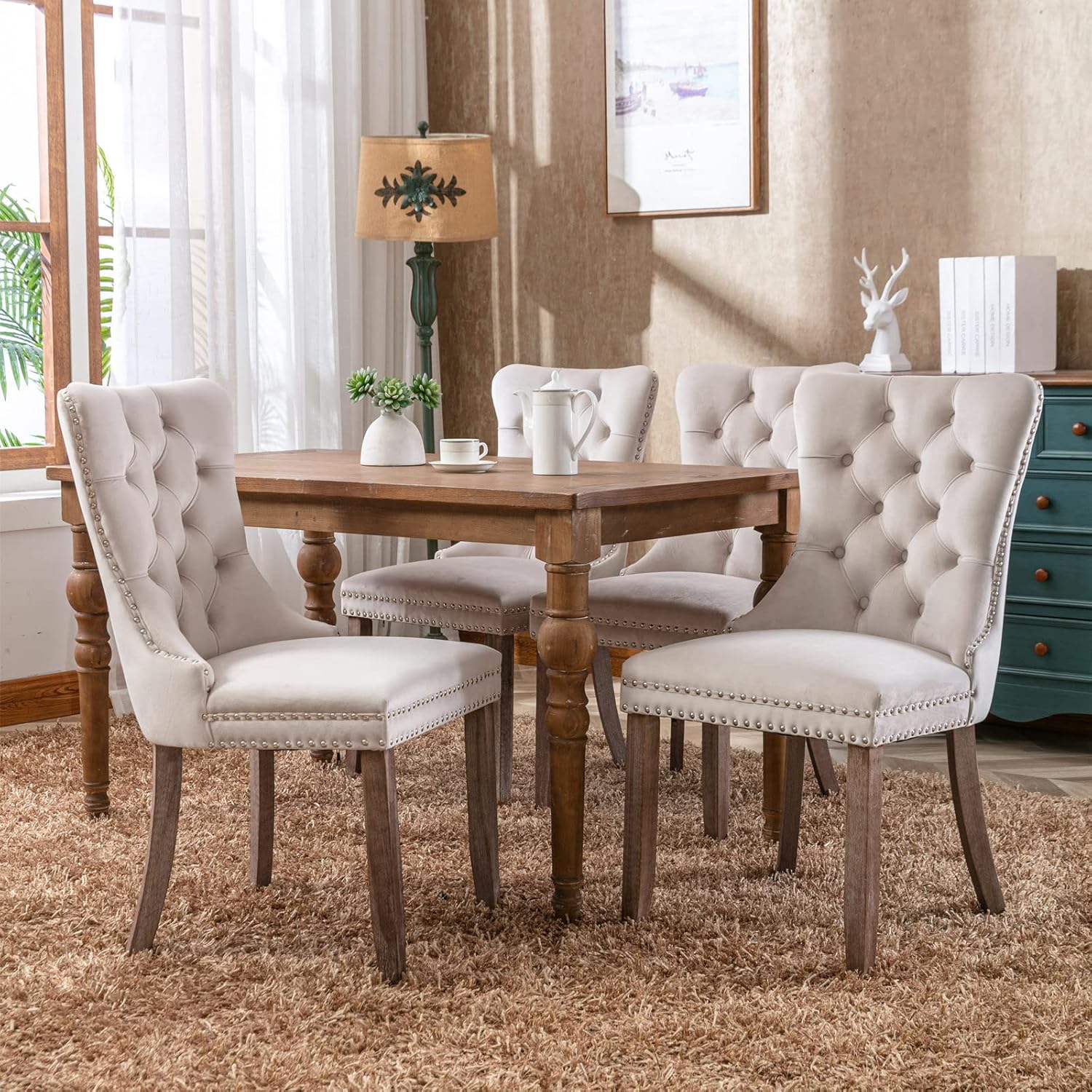 High-end Tufted Solid Wood Velvet Upholstered Dining Chair with Wood Legs and Nailhead Trim, 2-Pcs Set, Beige