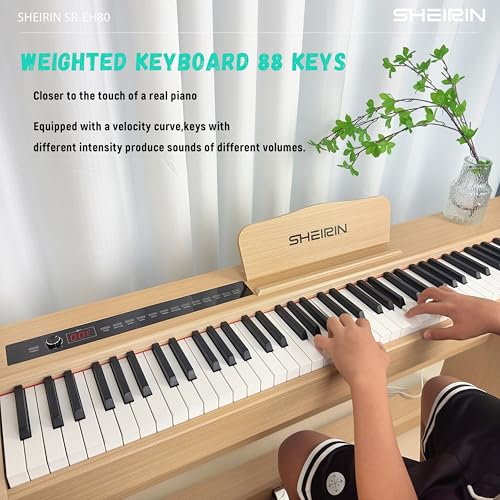 Digital Piano Hammer Action Keyboard 88 Keys Upright Acoustic Electric Weighted Piano Beginner MIDI Cover Full Size Sustain Pedal Stand Real Professional SR-FH80 (Beige Full Cover)