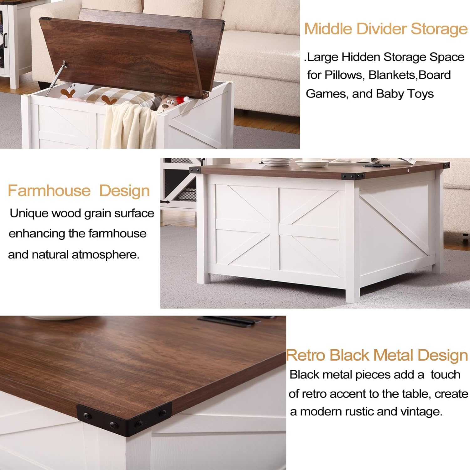 Farmhouse Square Coffee Table, Wood Center Table with Large Hidden Storage Compartment for Living Room, Rustic Cocktail Table with Hinged Lift Top for Living Room,Home Office