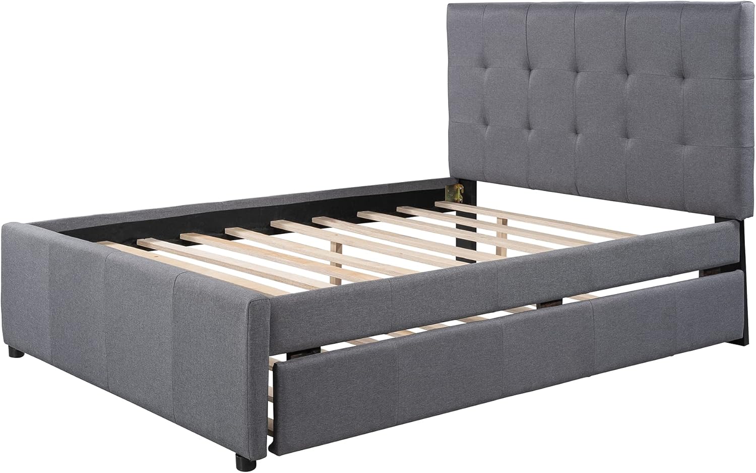 Bellemave Upholstered Full Size Platform Bed Frame with Trundle and Headboard, Linen Fabric Simple Style, Solid Wooden Slats Support, No Box Spring Needed, Grey
