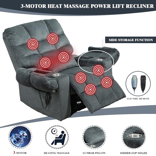 Light Grey Recliner Chair for Elderly | Tall and Big Man 400lbs | Chenille | Power Lift, Lay Flat, Stand Up, Wireless Charging Device, Extended Footrest, Massage Heat, Cup Holder, Lumbar Pillow