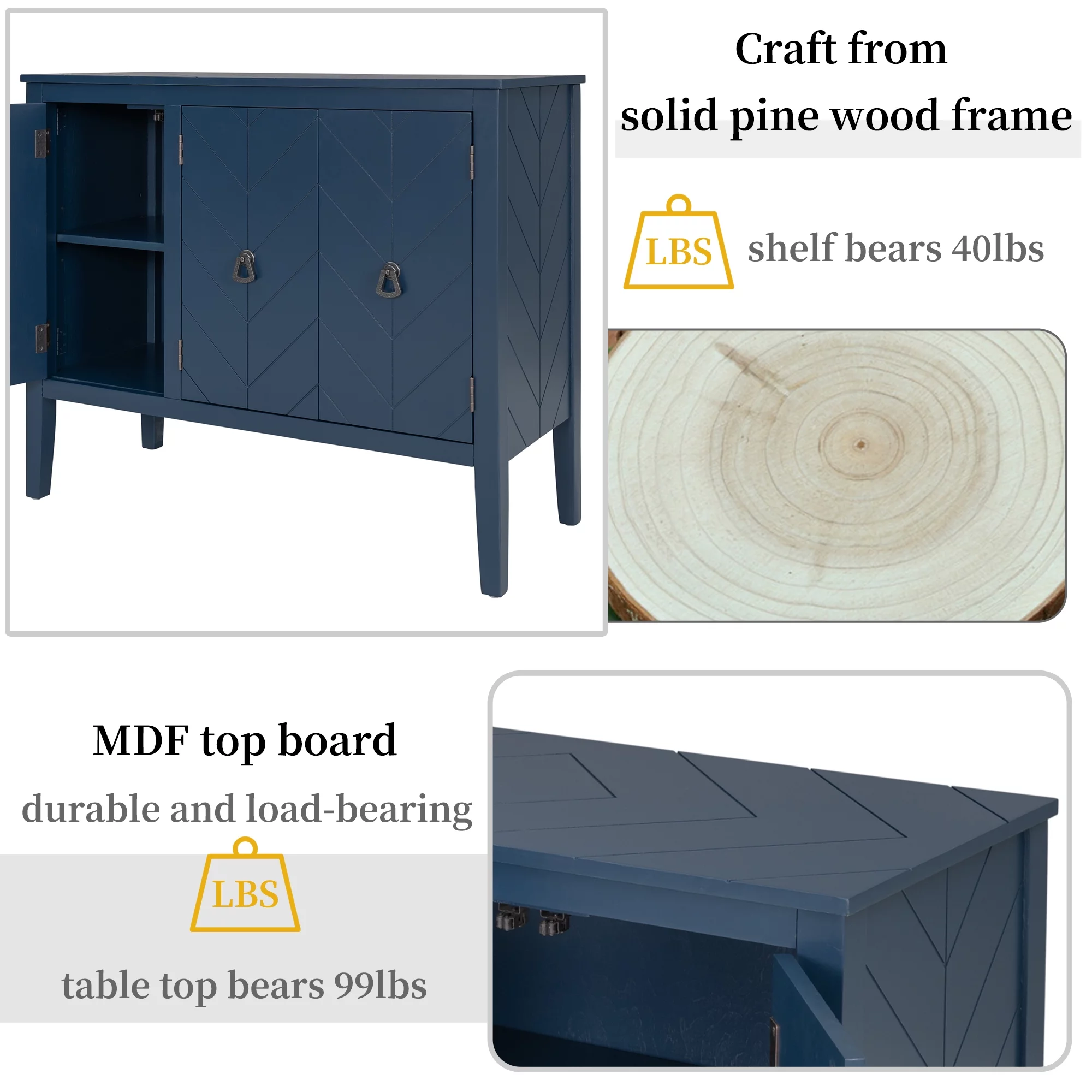 Ouyessir Solid Wood Buffet Sideboard Entry Console Table, Antique Storage Cabinet with Doors and Adjustable Shelf, for Living Room, Dining Room, Kitchen, 37" L x 15.7 W x 31.5 H, Navy Blue