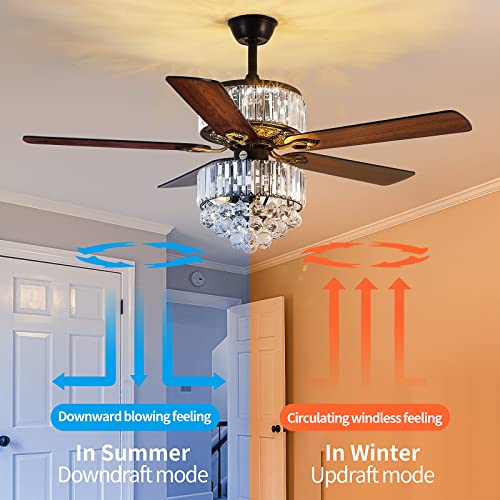 Modern K9 Crystal Fandelier Ceiling Fan with Lights and Remote Control,Outdoor Chandelier Ceiling Fan for Farmhouse,Dining Room,Living Room