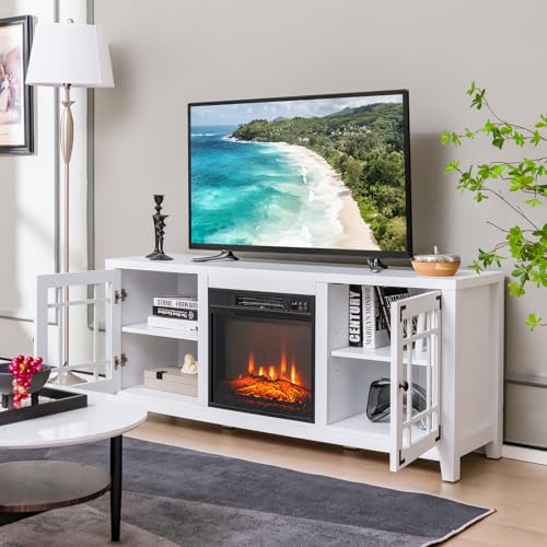 GOFLAME 58" Fireplace TV Stand for TVs up to 65 Inches, Wooden TV Console with 18” Electric Fireplace Insert, Fireplace TV Cabinet, Entertainment Center with Remote Control, Adjustable Shelves, White