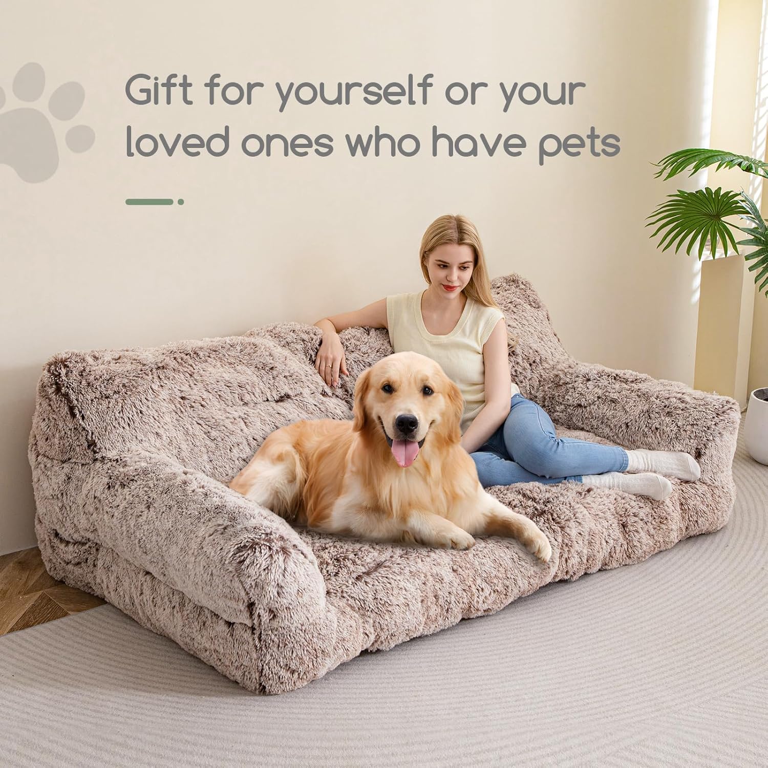 HIGOGOGO Giant Human Dog Sofa Bed, Big Comfy Floor Sofa Couch for Pet Families with Foam Chunk Supportive Mat, Fluffy Faux Fur Orthopedic Dog Bed for Human, Snow Coffee