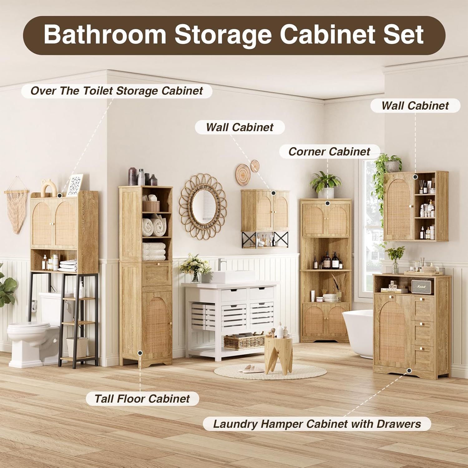 67''H Linen Bathroom Storage Cabinet with Rattan Doors & Drawer, Tall Narrow Standing Tower Cabinet with Adjustable Shelves, Small Bathroom Floor Cabinet for Entryway, Kitchen, Natural