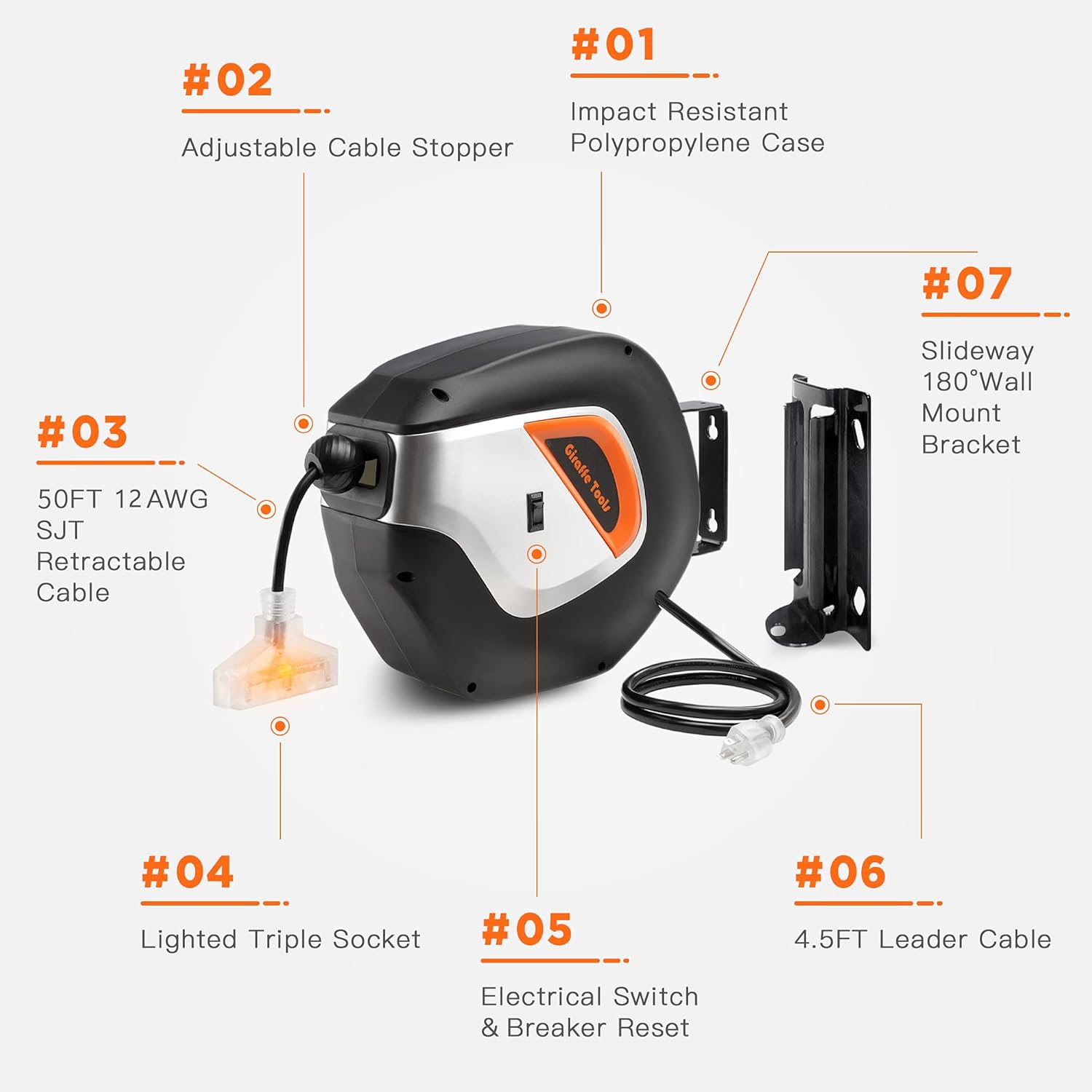 Giraffe Retractable Power Cord Reel, 50 FT 12AWG/3C SJT Heavy Duty Extension Cord Storage Reel Wall/Ceiling Mount for Garage with Lighted Triple Tap