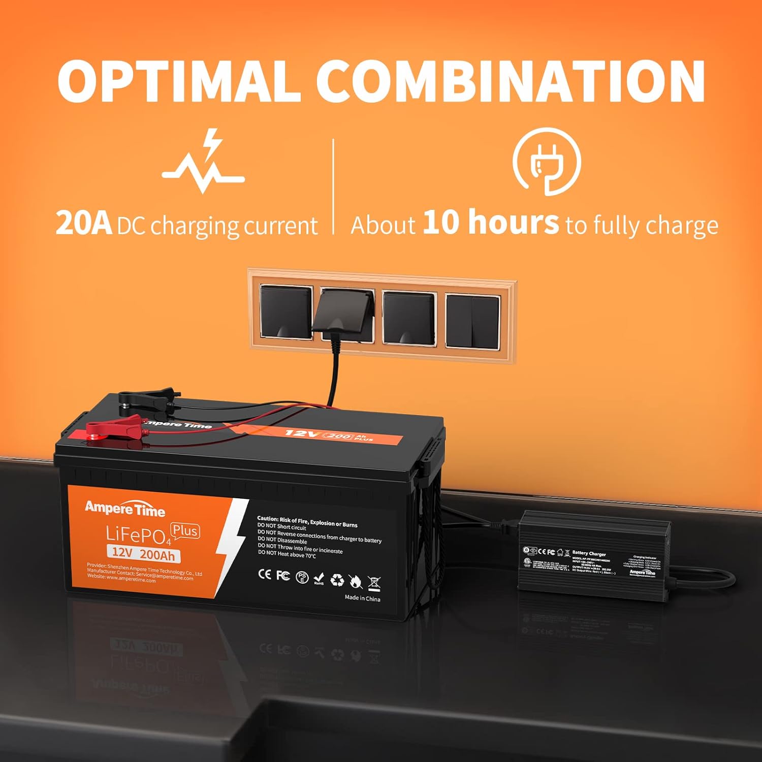 Ampere Time 12V 200Ah LiFePO4 Battery with 14.6V 20A Dedicated Lithium Battery Charger; Built-in 200A BMS, 4000+ Cycles, Perfect for RV, Solar, Marine, Overland, Off-Grid Application��