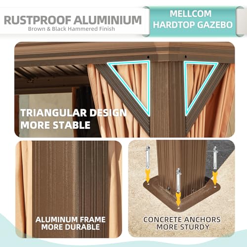 MELLCOM 12'x16' Hardtop Gazebo, Galvanized Steel Metal Double Roof Canopy with Curtains and Netting, Brown Permanent Pavilion Gazebos with Aluminum Frame for Garden, Patio, Lawns, Deck
