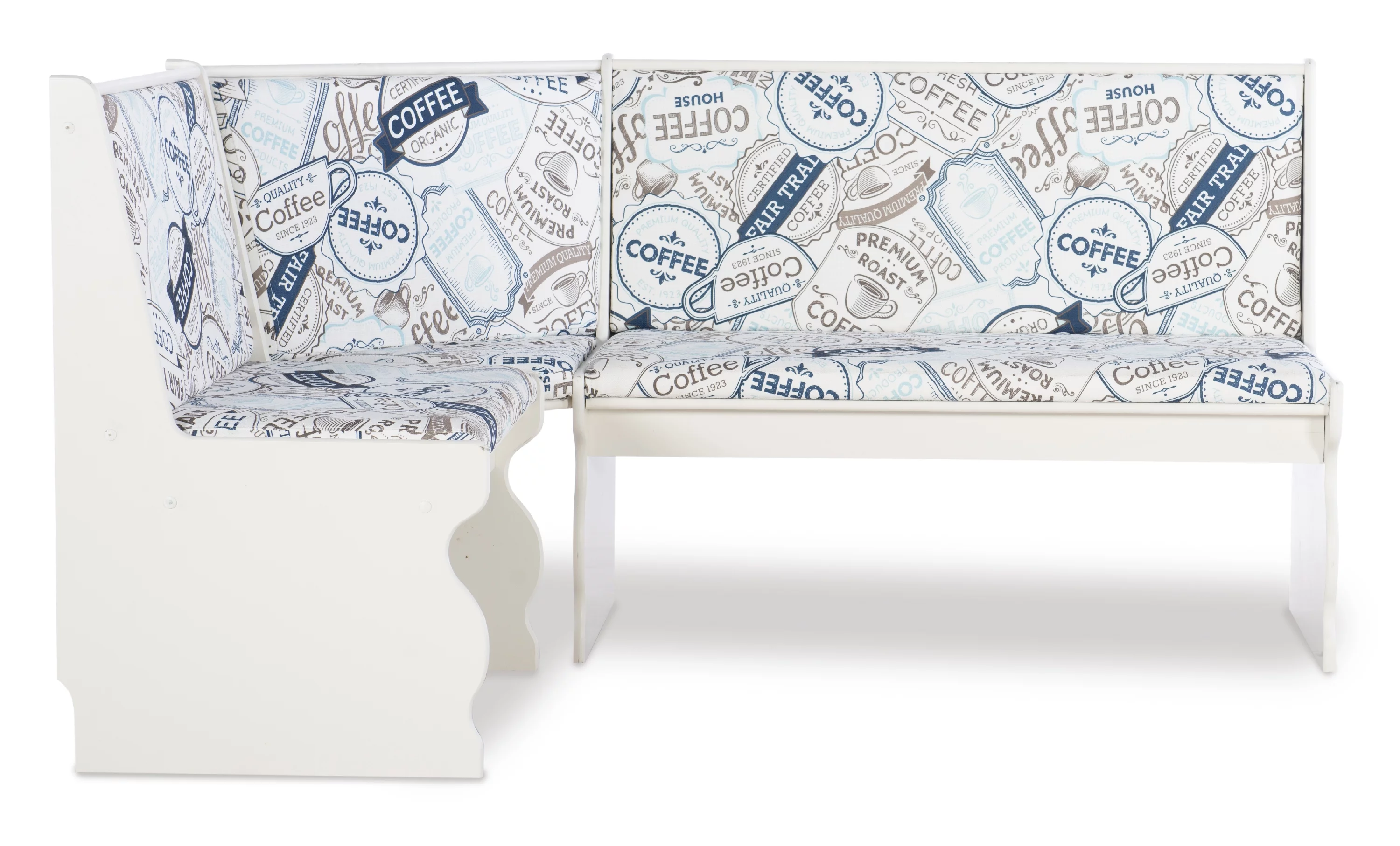 Linon Sasha Casual Dining Breakfast Nook with Corner Unit, Table, and Bench, 29.4" Table Height, Seats 5, White Finish with Coffee Patterned Fabric