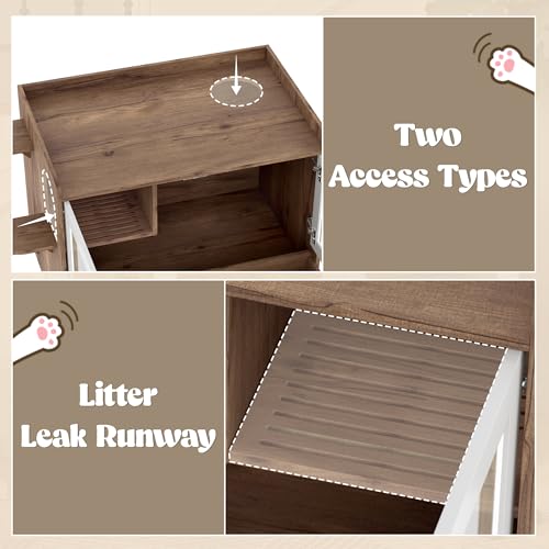 47.25 Inch Multi-Functional Hidden Cat Litter Box Enclosure with Smart Door & LED Light, Modern Cat House with Scratching Post & Stairs, Can be Used as Side Table/TV Stand - White