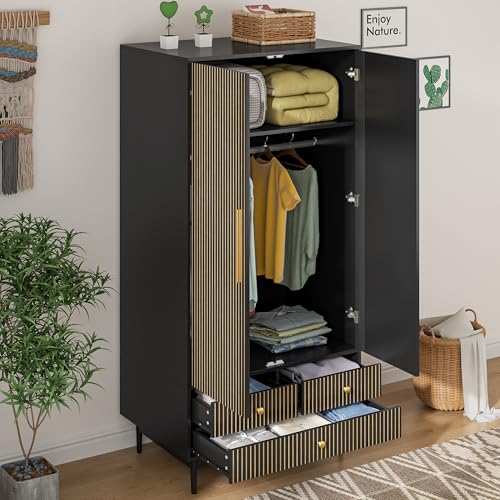 Armoire Wardrobe Closet with 2 Fluted Doors,64.96" Wooden Clothes Storage Cabinet with Hanging Rod and Shelf Storage,Wardrobe Cabinet with 3 Drawers,Freestanding Closet for Bedroom,White