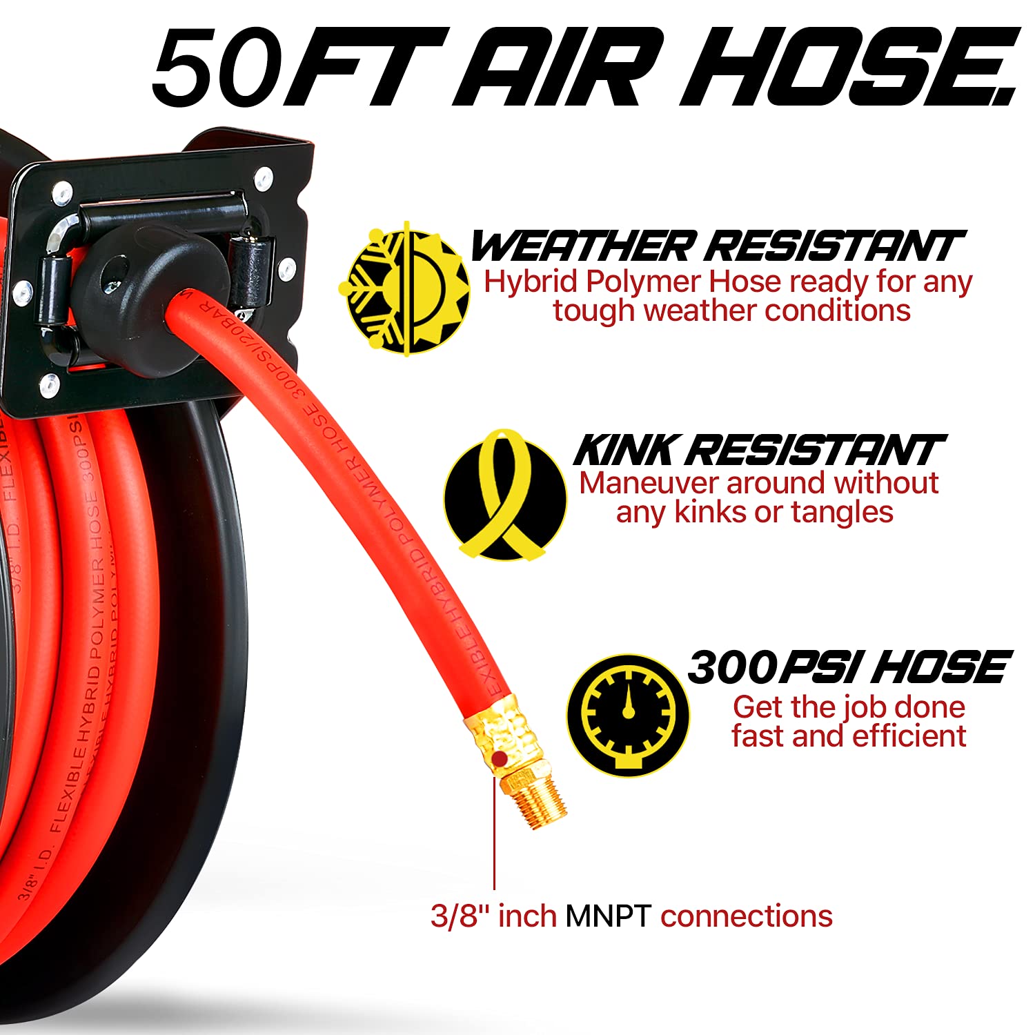 ReelWorks Air Hose Reel Retractable 3/8" Inch x 50' Foot Hybrid Polymer Hose Max 300PSI Polypropylene Drum Construction