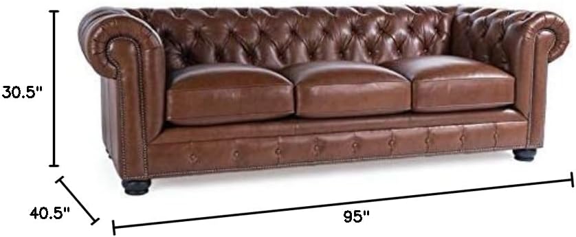 BOWERY HILL 20" Traditional Leather Tufted Back Chesterfield Sofa with Removable Seat Cushions, Leg Assembly Required, for Living Room, in Chestnut Finish