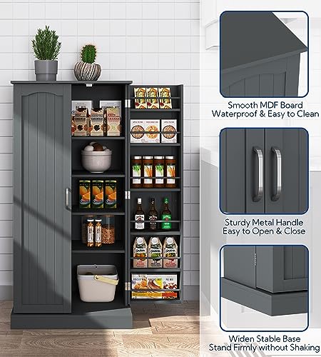 Yusong 72'' Tall Kitchen Pantry Cabinet, Farmhouse Storage Cabinet with 4 Doors, Drawer and Adjustable Shelf, Freestanding Wooden Cupboard Buffet for Dining Room Living Room, White