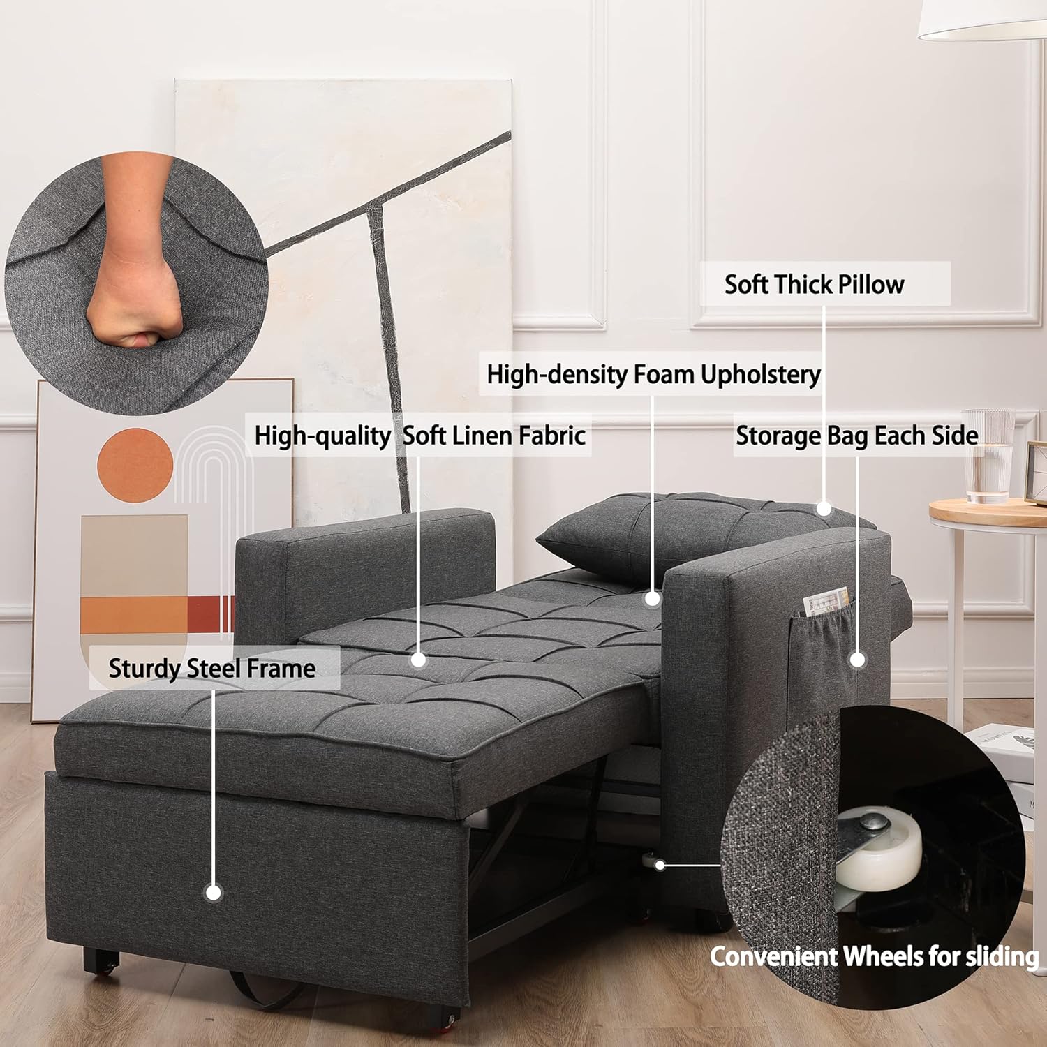 Convertible Chair Bed 3-in-1,Folding Sleeper Chair Bed, Multi-Functional Adjustable Recliner for Apartment, Living Room, Sofa, Bed, Single Bed Chair with Pillow Dark Grey